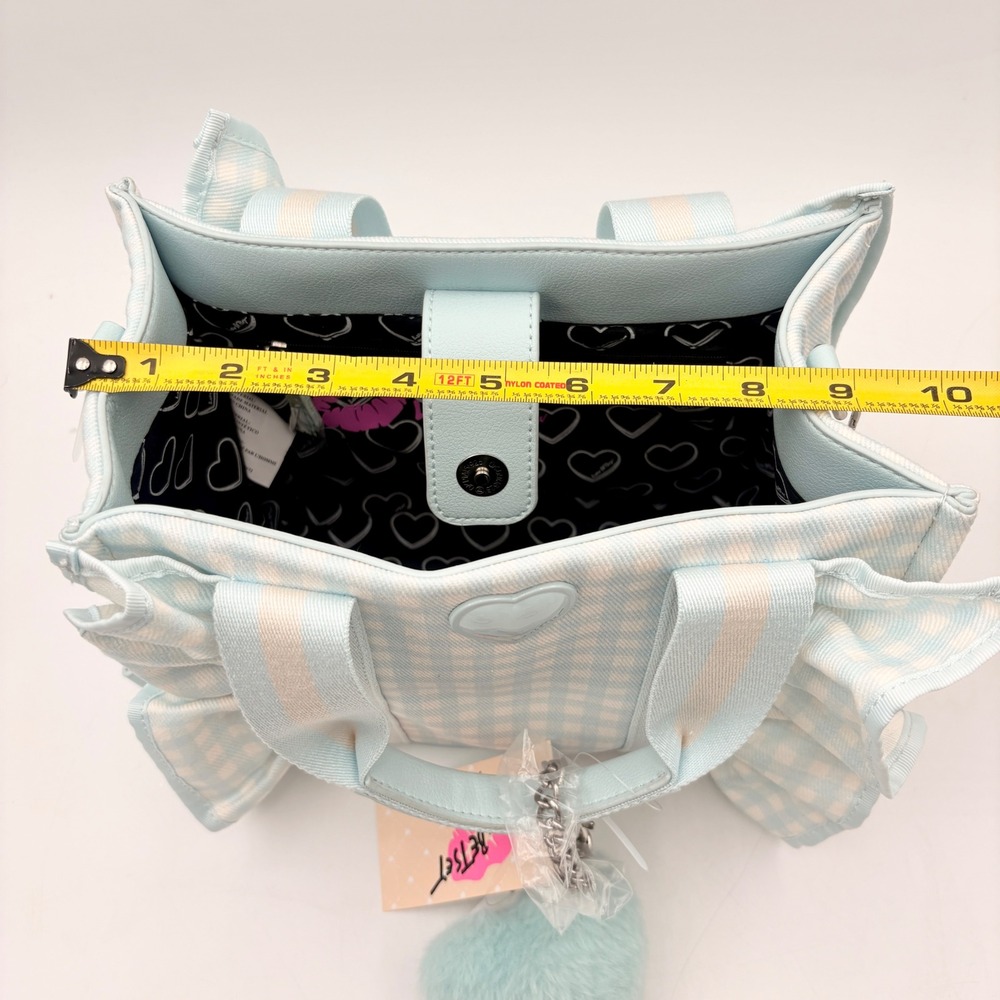 Luv Betsey Johnson Gingham LBRUFFLE Crossbody Tote Bag Blue White Heart Charm - Picture 11 of 12